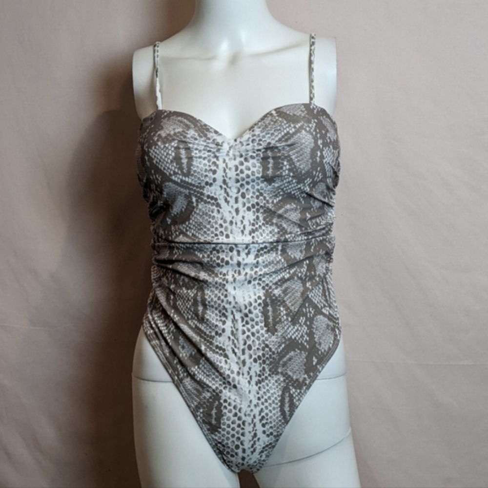 Matte Swim Neutral Tan and White Snake Print Ruched One Piece Swimsuit Medium